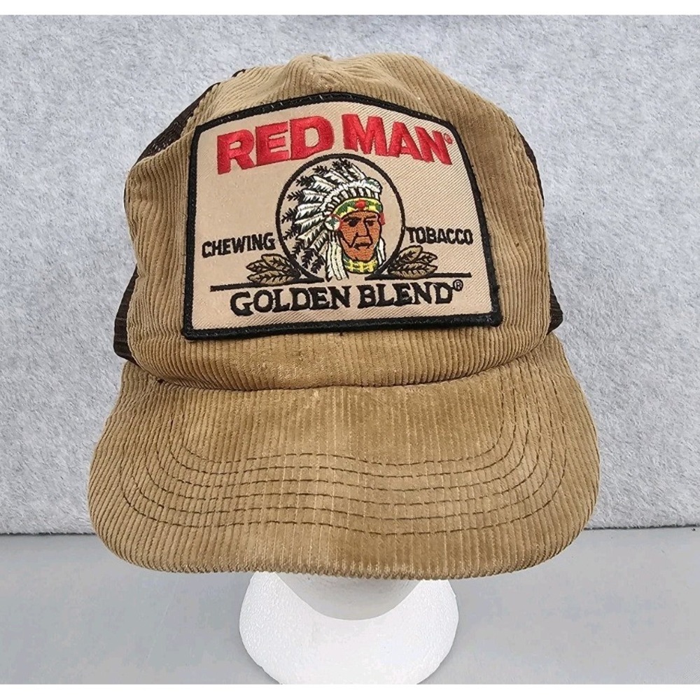 VINTAGE Red Man Hat Cap Brown Snap Back Corduroy Trucker Hat Tobacco LG Patch